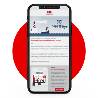 Auf einem Smartphone-Display wird der mellowmessage Newsletter angezeigt. Hinter dem Smartphone befindet sich ein roter Kreis.