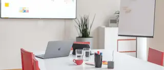 Konferenzraum mit Flipcharts, Grünpflanzen und einem großem Screen. Ohne Menschen